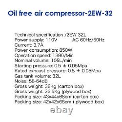 110V 850W Portable Dental Medical Air Compressor Oil Free Tank Noiseless New USA