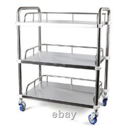 3 Tiers Medical Trolley Stainless Steel Dental Lab Mobile Rolling Serving Cart
