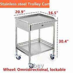 Hospital Stainless Steel Two Layer Serving Medical Cart Dental Lab Trolley+Wheel