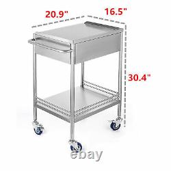 Lab Medical Trolley Stainless Steel Cart Dental Mobile Rolling Cart & Drawer NEW