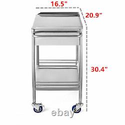 Medical Trolley Stainless Steel Cart Dental Lab Mobile Rolling Cart & Drawer NEW