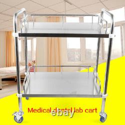 Thick Stainless Two Layer Medical Serving Dental Lab Cart Trolley New USA Stock