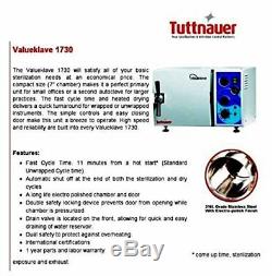 Tuttnauer 1730 Valueklave Autoclave Sterilizer Dental Medical Tattoo Health FDA